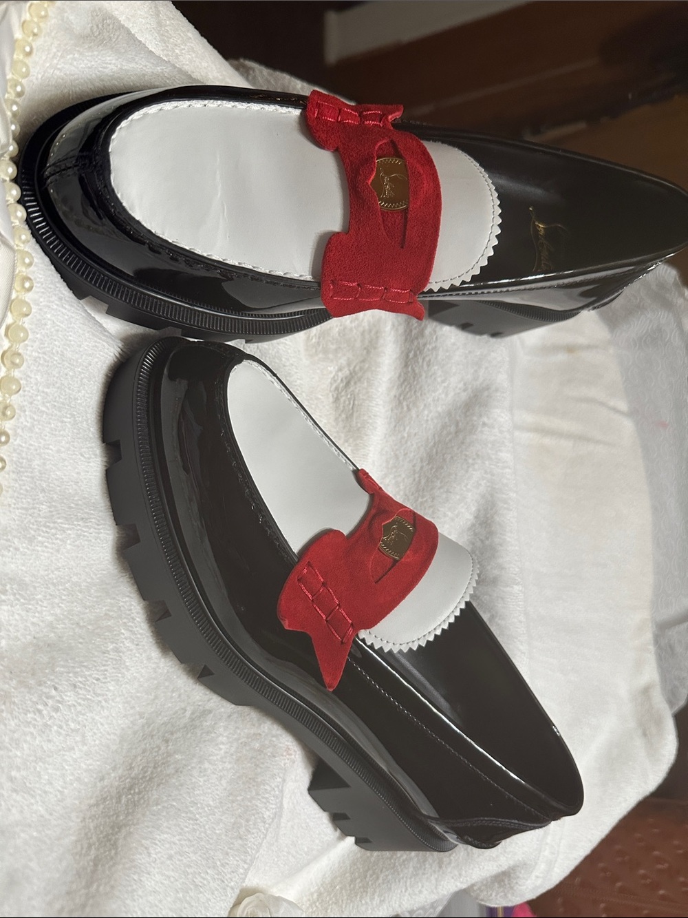 Christian Louboutin Black Patent Loafers with Red Suede and White Insert